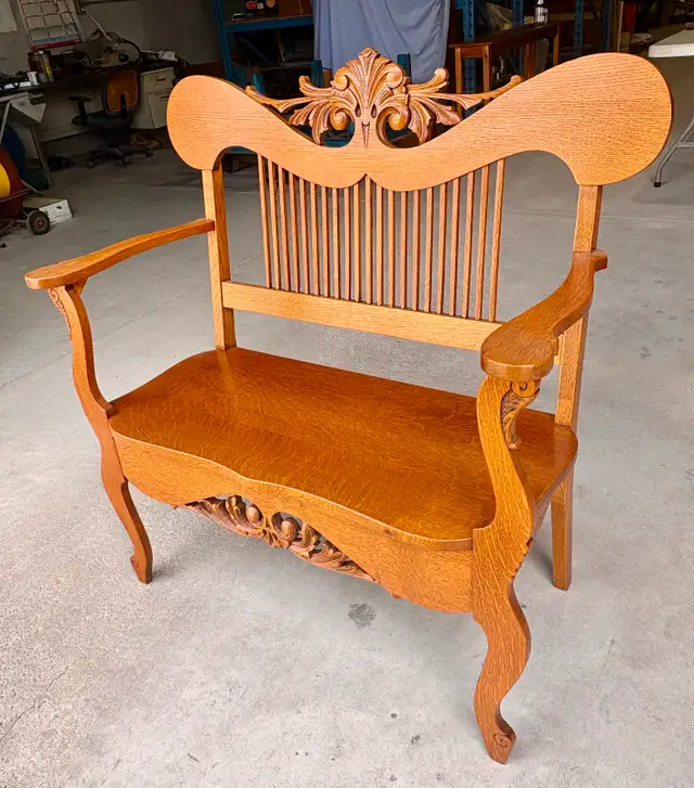 Antique Quarter-Sawn Oak Settee (w Carved Crest Rail, c. 1930s)
