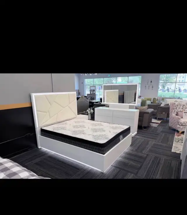 King & Queen Size White & Grey Colour Hydraulic Storage Bed Set,