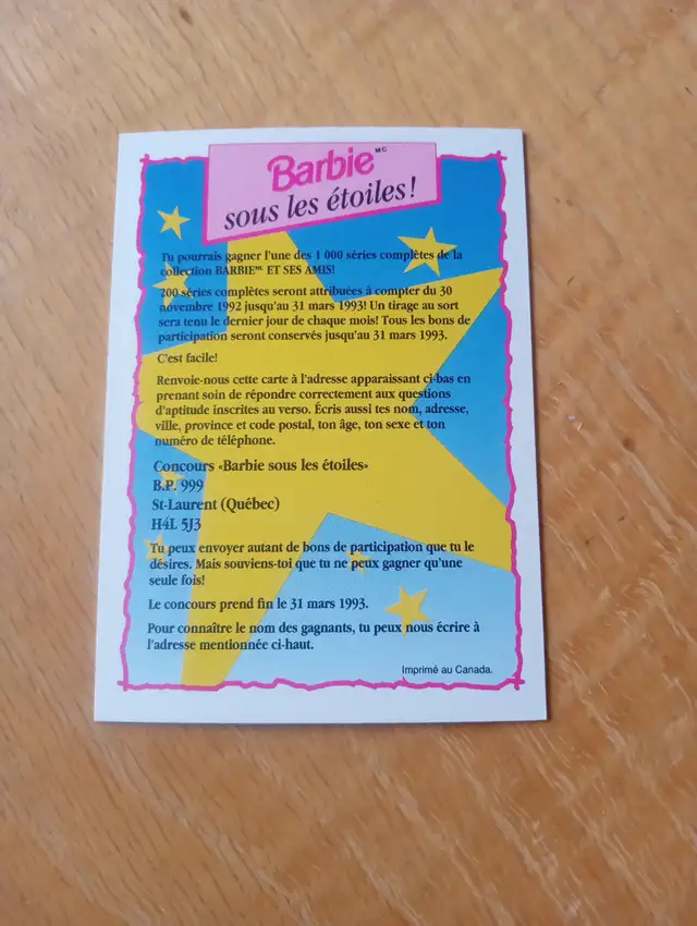 Carte Barbie Panini Concours 1992 sous les étoiles 150926-471