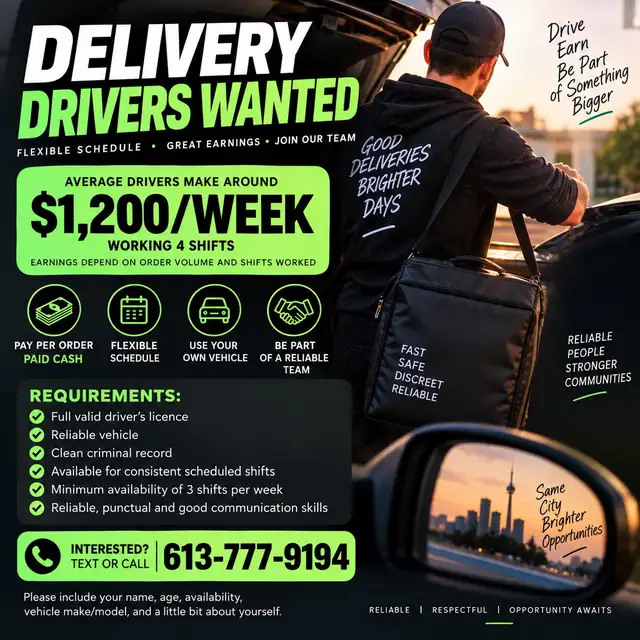 Delivery Driver - Cash Job - Average 1200$/ Week