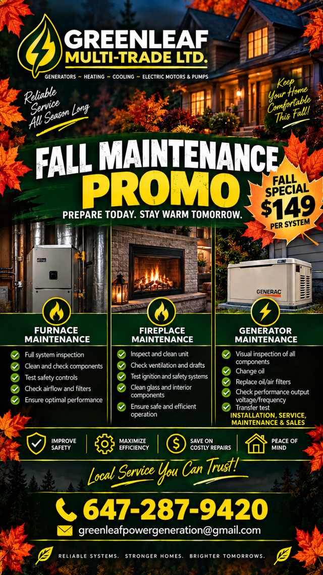 Fall Furnace, Fireplace and Generator Tune-up Special!