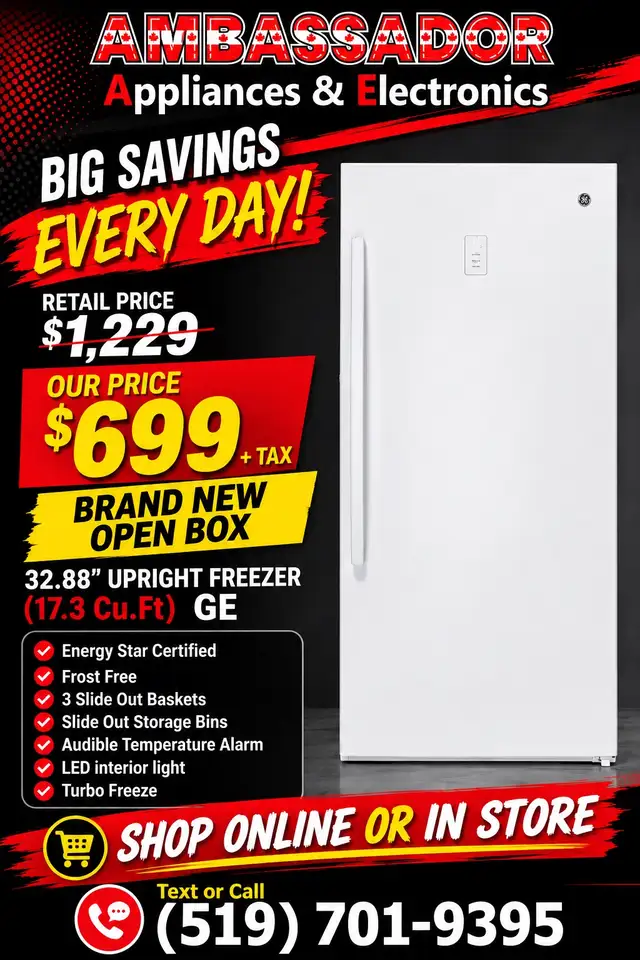 NEW 32.88" GE Upright Freezer  (17.3 Cu.Ft)