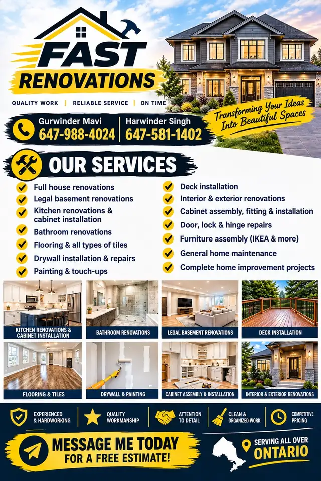FAST RENOVATIONS – Basement, Kitchen, Bathroom, Flooring & More