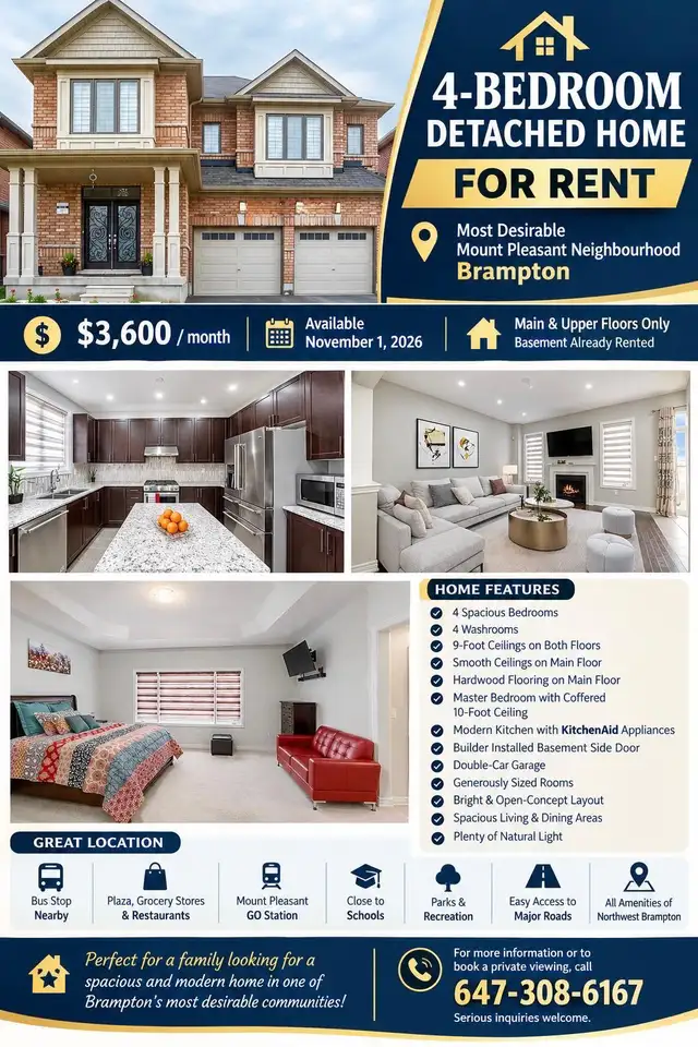 Detached 4 Bedroom Home for Rent