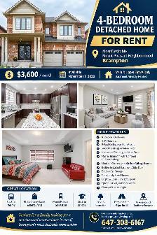 Detached 4 Bedroom Home for Rent