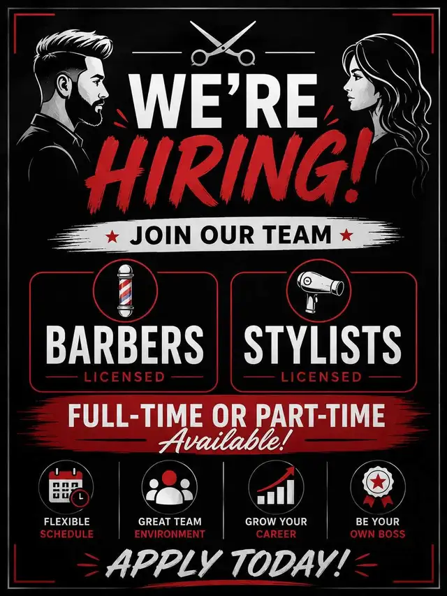 BARBER NEEDED &HAIRSTYLIST WANTED part time &full time