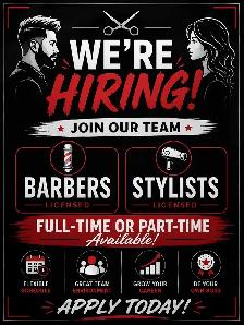 BARBER NEEDED &HAIRSTYLIST WANTED part time &full time