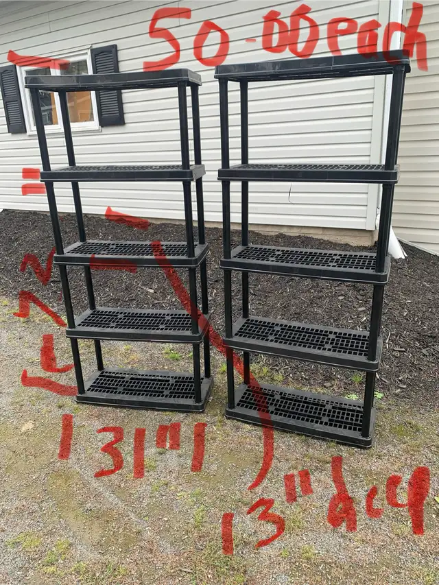 four and five level shelving units/ price on photos