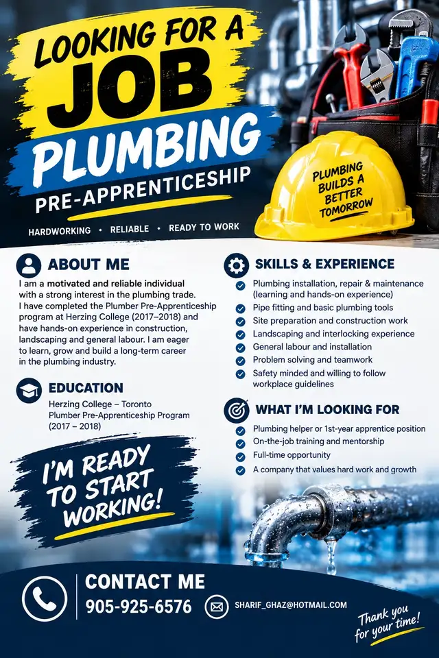 PLUMBING PRE-APPRENTICE AVAILABLE IMMEDIATELY