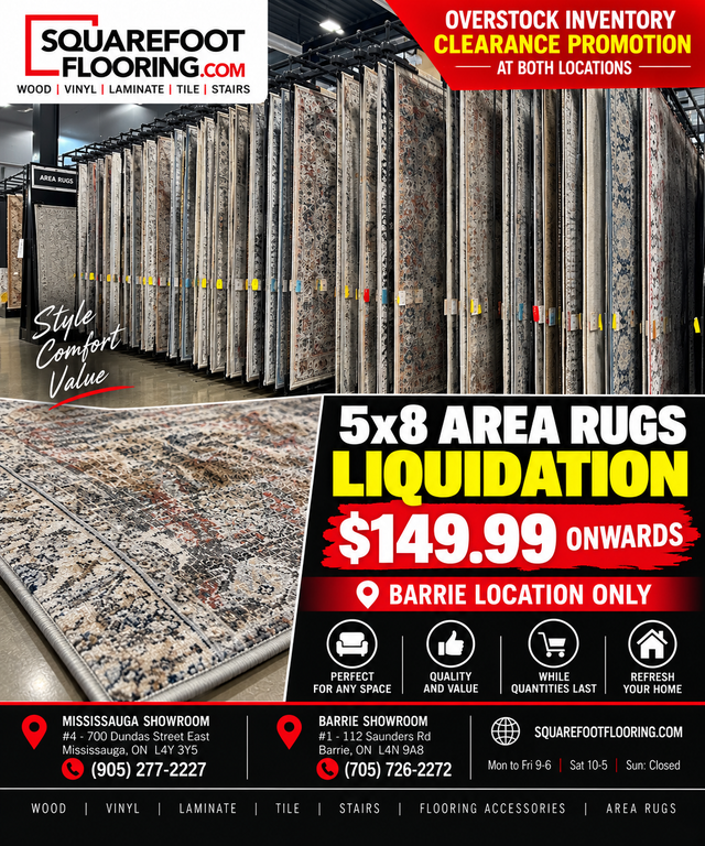 OVERSTOCKED AREA RUGS AVAILABLE AT SQUAREFOOT FLOORING BARRIE