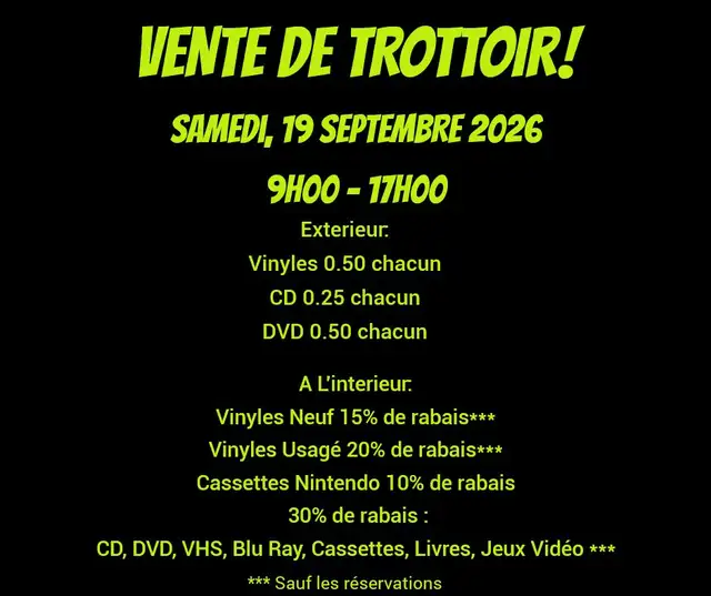 VENTE DE TROTTOIR! RETROPOP SAMEDI 19 SEPT. 9h-17h VINYLE CD DVD