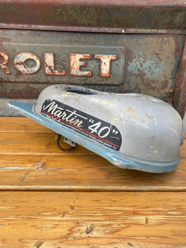 Vintage Martin outboard motor tank great graphics displays well
