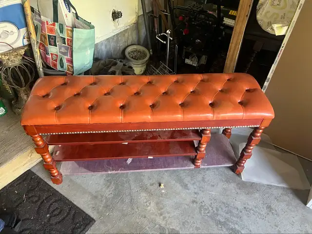 Button-Tufted Leather Bench with Storage Shelves