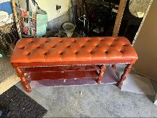 Button-Tufted Leather Bench with Storage Shelves