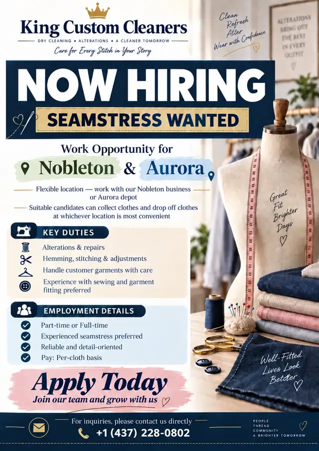 Experienced Seamstress Wanted – Nobleton / Aurora