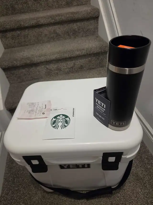 yeti cooler  18OZ yeti bottle  $100 starbucks gift card all br