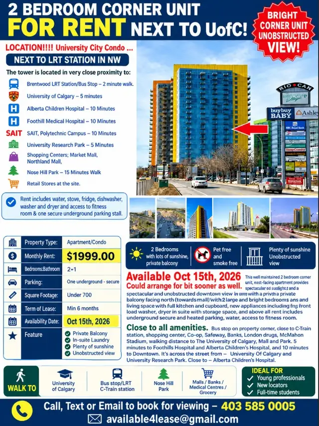 Bright lots of Sunshine-2BR Prkg Next 2 UofC, LRT,Brentwood mall