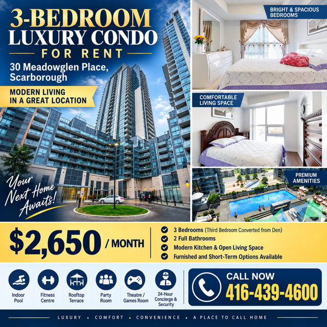 3 Bedroom, 2 Full Bathrooms Luxury Condo Short & Long Term rent