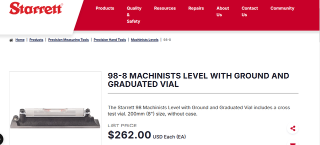Starrett 8.0' Machinists Level with Ground and Graduated Vial