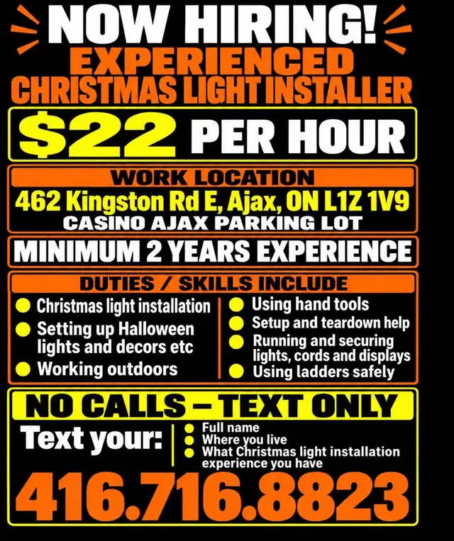 NOW HIRING – EXPERIENCED CHRISTMAS LIGHT INSTALLER AJAX