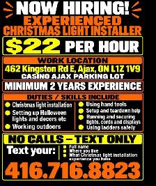 NOW HIRING – EXPERIENCED CHRISTMAS LIGHT INSTALLER AJAX