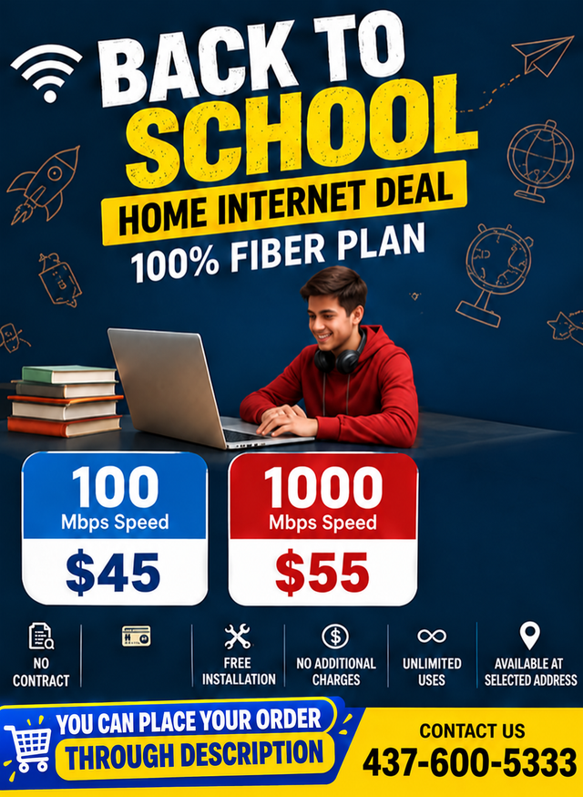 'Back to School'Cheapest Fibre Internet 1 Gbps $55 – No Contract