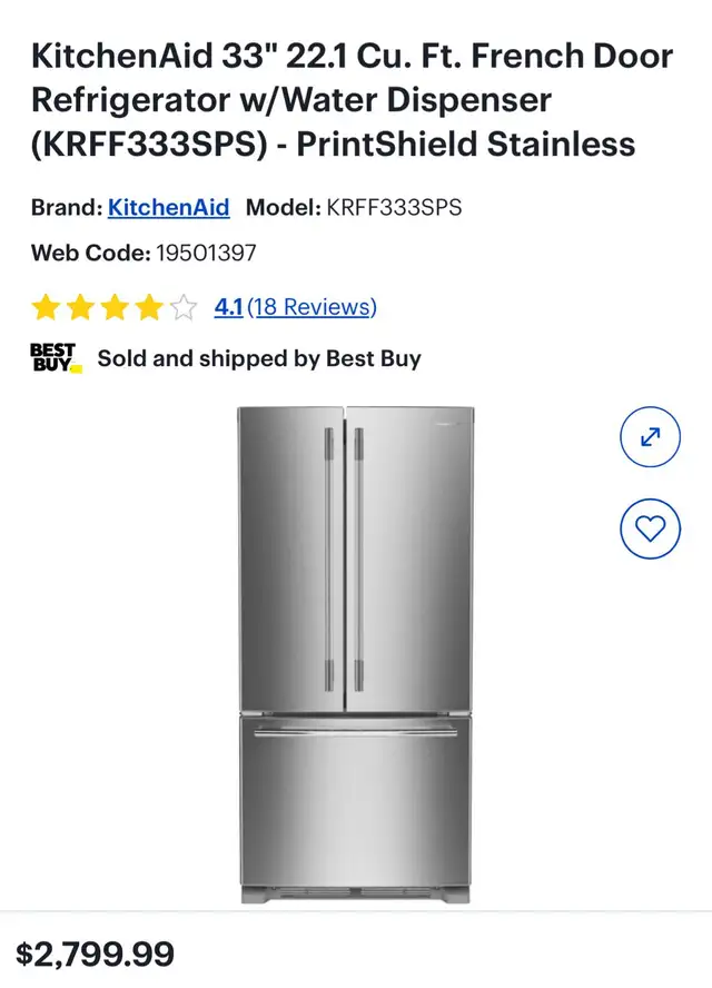 kitchenaid 33''22.1 cu.ft. french door refrigerator