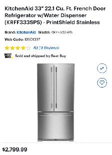 kitchenaid 33''22.1 cu.ft. french door refrigerator