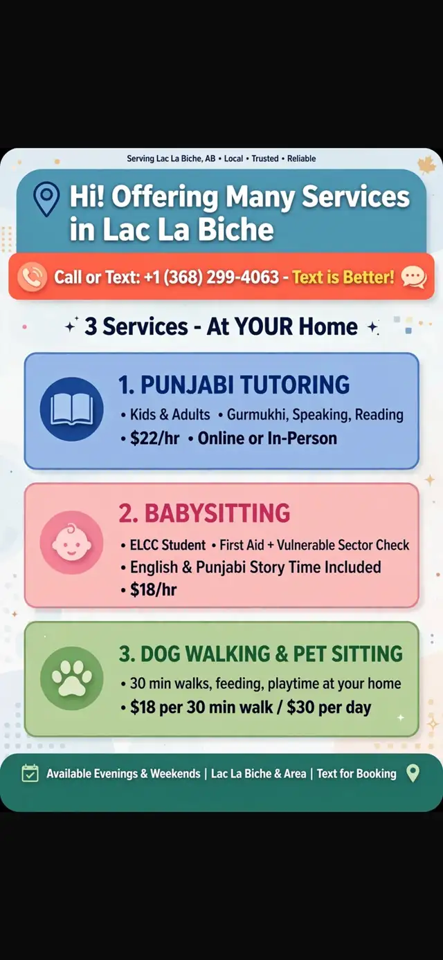 babysitting dog walking Punjabi tutoring