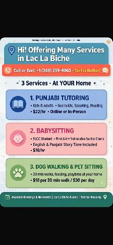 babysitting dog walking Punjabi tutoring