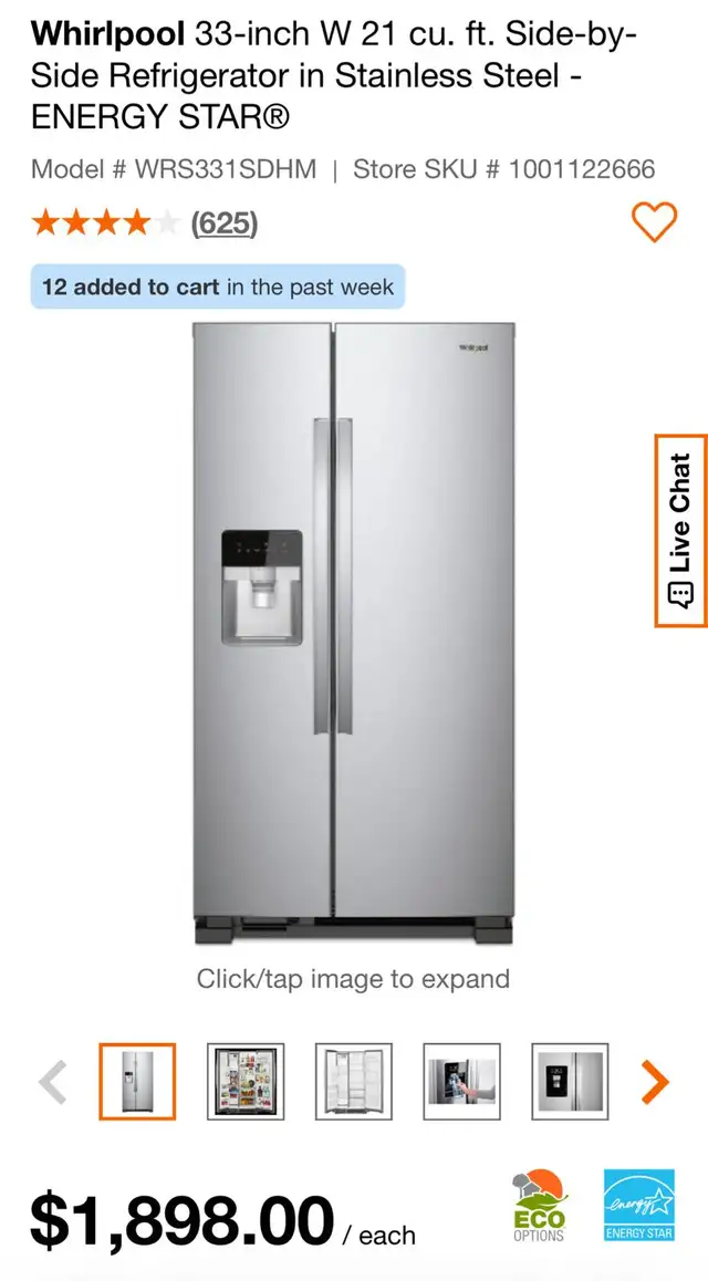 whirlphool 33-inchW 21 cu.ftrefrigerator in stainless steel