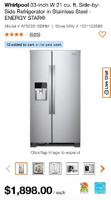 whirlphool 33-inchW 21 cu.ftrefrigerator in stainless steel