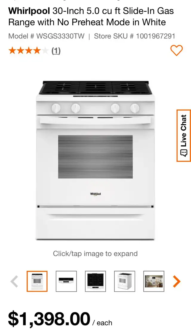 Whirlpool 30-inch 5.0 cu. ft. Gas Range