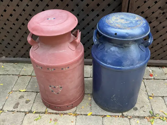2 Colored Antique Dairy Milk Cream Cans !