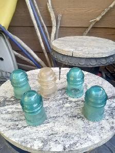 GLASS INSULATORS, ANTIQUES, BLUE AND CLEAR