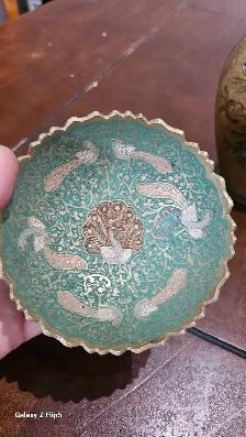 Beau lot de brass/laiton  émaillé vase/pot/bol - Photo 3