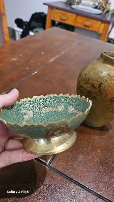 Beau lot de brass/laiton  émaillé vase/pot/bol - Photo 5