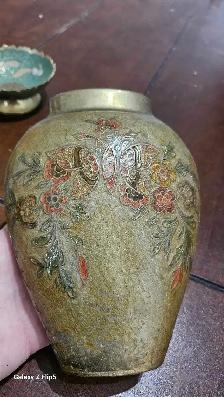 Beau lot de brass/laiton  émaillé vase/pot/bol - Photo 6