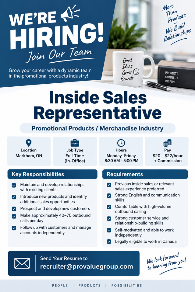 Now Hiring: Inside Sales Representative – Markham