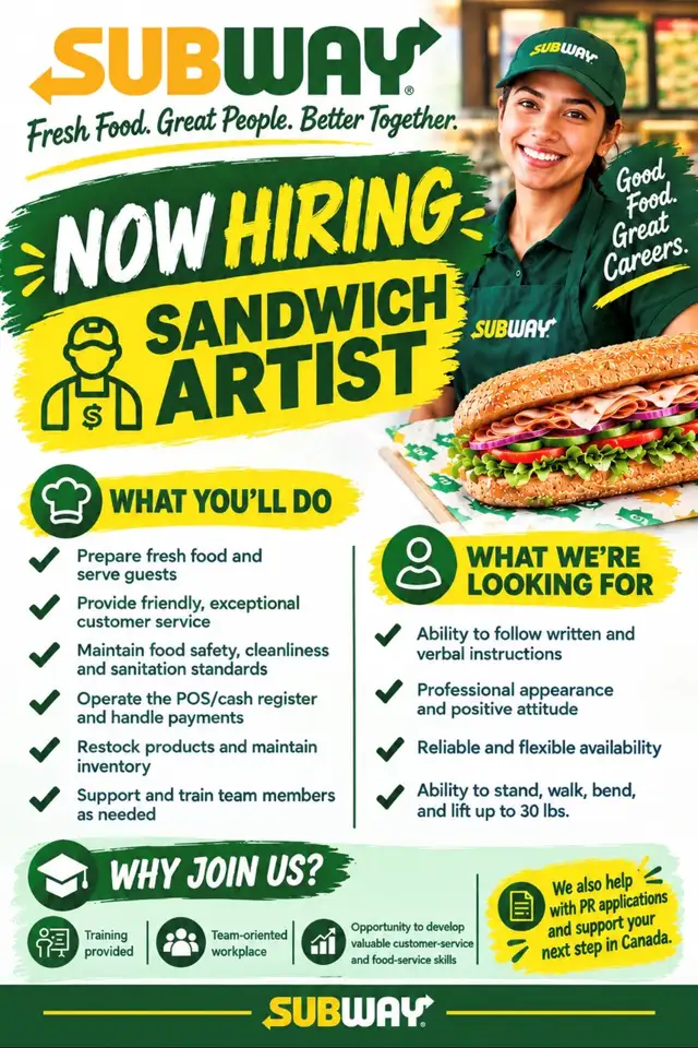 Hiring for Evenings for SUBWAY Downtown Winnipeg