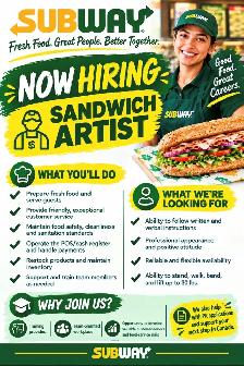 Hiring for Evenings for SUBWAY Downtown Winnipeg