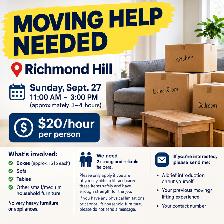 Two Moving Helpers Needed- Sunday 27th– Richmond Hill – $20/hour