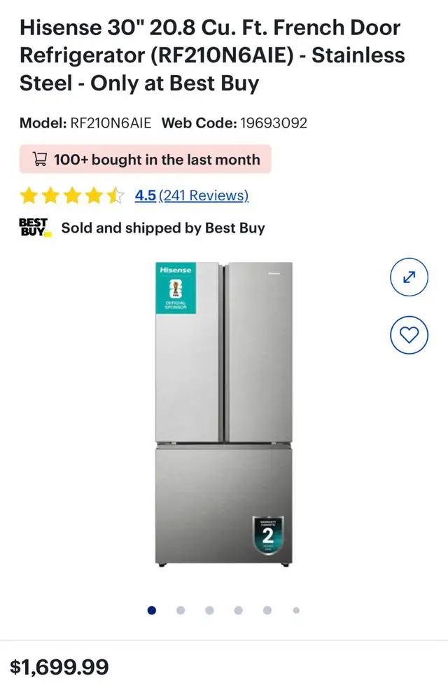 Hisense 30' 20.8 cu. ft. French Door Refrigerator