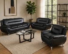 Gilan 3-Piece Sofa Set In Faux Leather Upholstery - Black