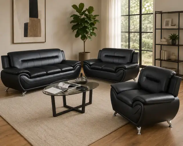 New 3-Piece Sofa Set In  In Faux Leather Upholstery - Black Sale