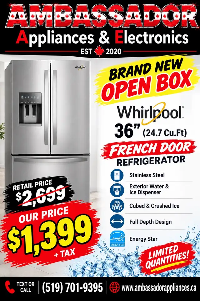 NEW 36" Whirlpool Exterior Water & Ice Fridge