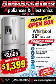 NEW 36" Whirlpool Exterior Water & Ice Fridge