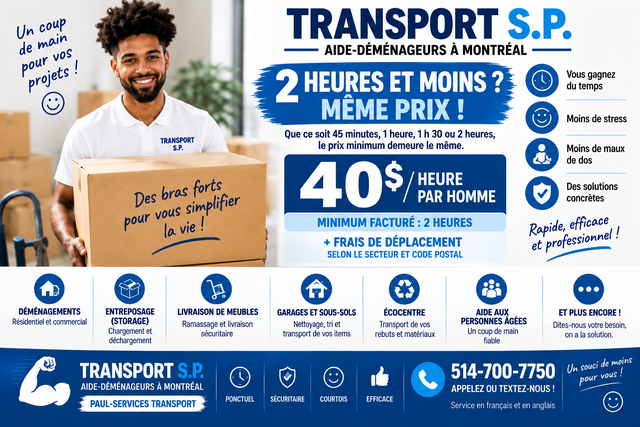 2 HEURES ET MOINS ? AIDE-DÉMÉNAGEUR 40$/H PAR HOMME• SANS CAMION