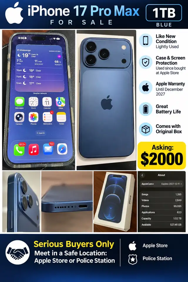 IPhone 17 Pro Max 1TB - Blue - Extended Apple Warranty