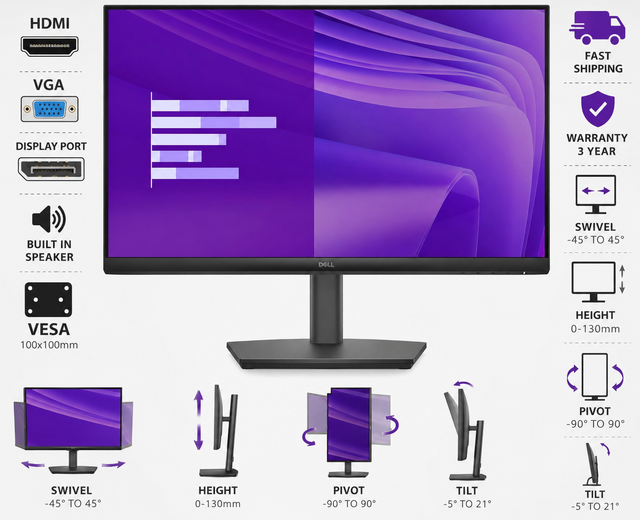 Dell Pro E2425HSM 24' Class Full HD LED Monitor VGA,HDMI,Display
